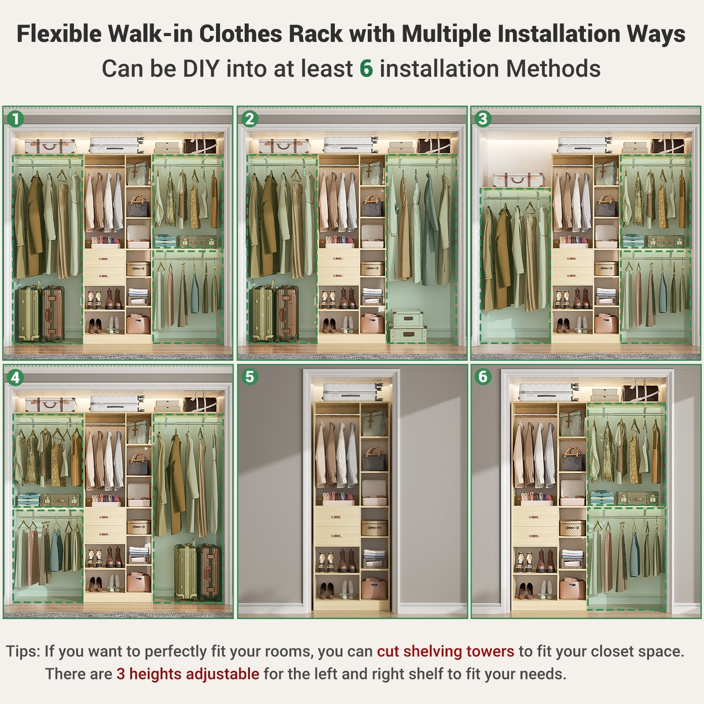 8FT Heavy Duty Wood Closet System, 1500 LBS+ Capacity Wall Mounted Walk-in Closet Organizer