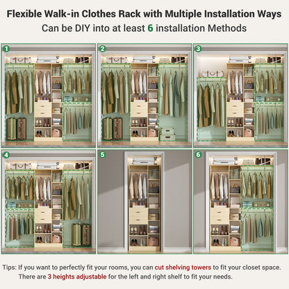 8FT Heavy Duty Wood Closet System, 1500 LBS+ Capacity Wall Mounted Walk-in Closet Organizer