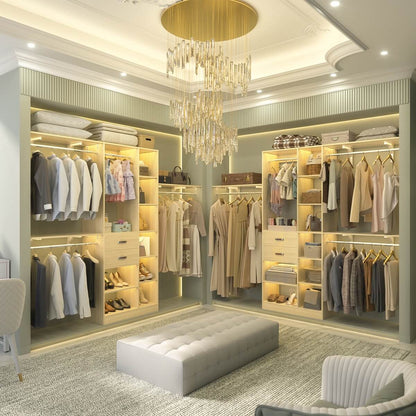 96 Inch Wooden Closet Organizer System with Drawers, Hanging Rods, and Partition Storage Spaces