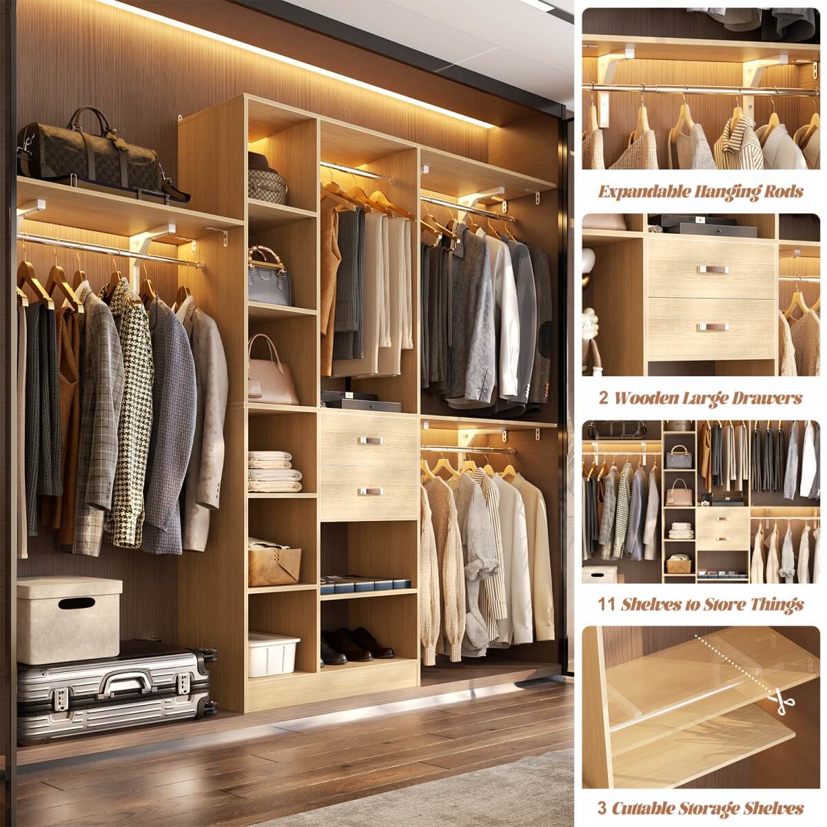 96 Inch Wooden Closet Organizer System with Drawers, Hanging Rods, and Partition Storage Spaces