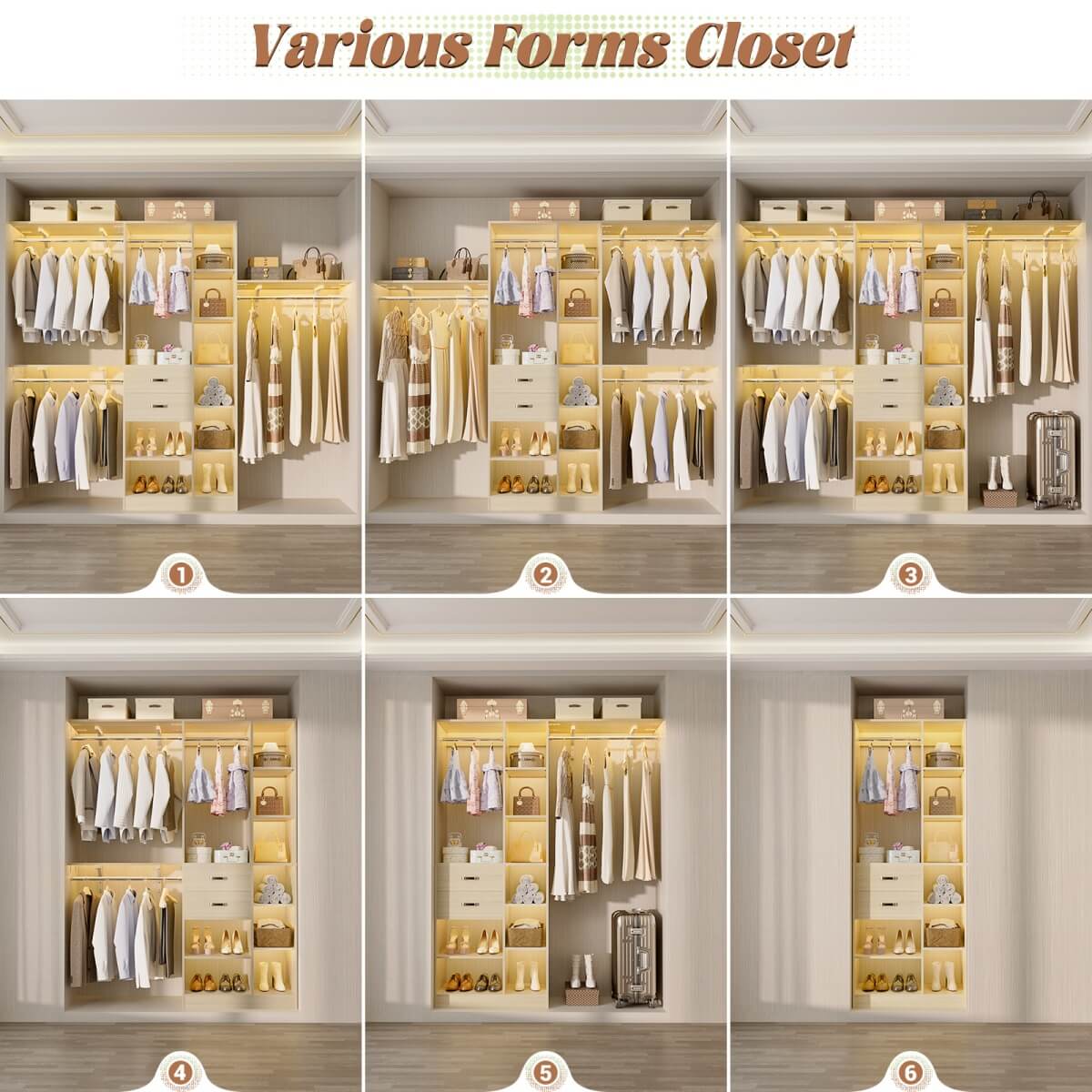 96 Inch Wooden Closet Organizer System with Drawers, Hanging Rods, and Partition Storage Spaces