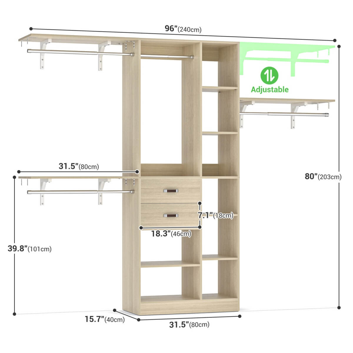 96 Inch Wooden Closet Organizer System with Drawers, Hanging Rods, and Partition Storage Spaces
