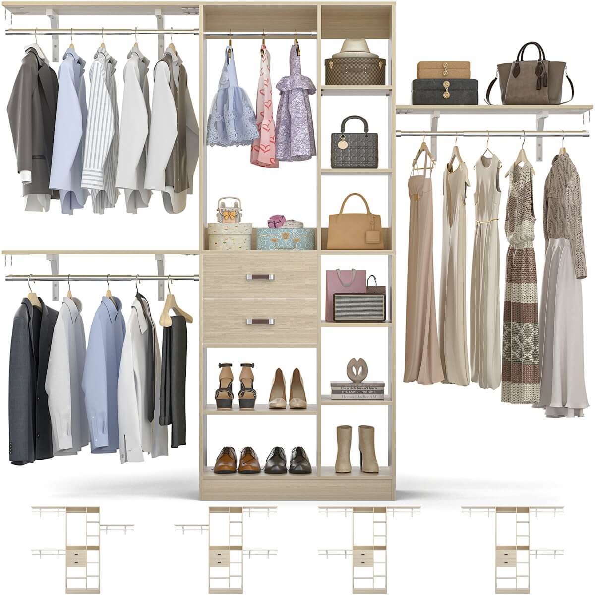 96 Inch Wooden Closet Organizer System with Drawers, Hanging Rods, and Partition Storage Spaces