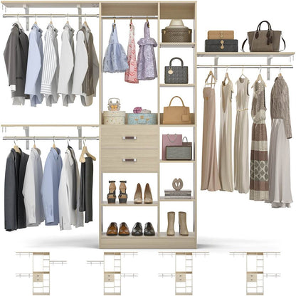 96 Inch Wooden Closet Organizer System with Drawers, Hanging Rods, and Partition Storage Spaces