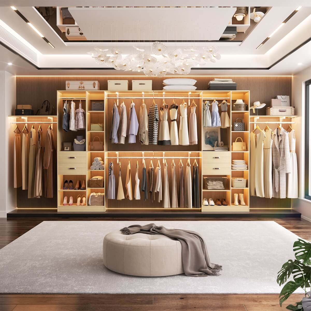 96 Inch Wooden Closet Organizer System with Drawers, Hanging Rods, and Partition Storage Spaces