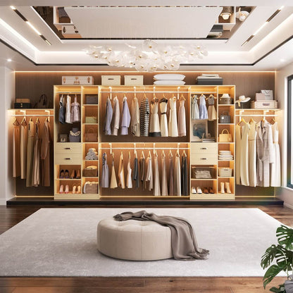 96 Inch Wooden Closet Organizer System with Drawers, Hanging Rods, and Partition Storage Spaces
