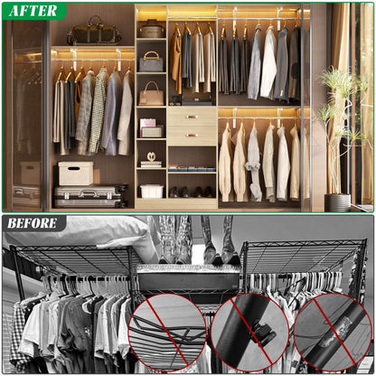 96 Inch Wooden Closet Organizer System with Drawers, Hanging Rods, and Partition Storage Spaces