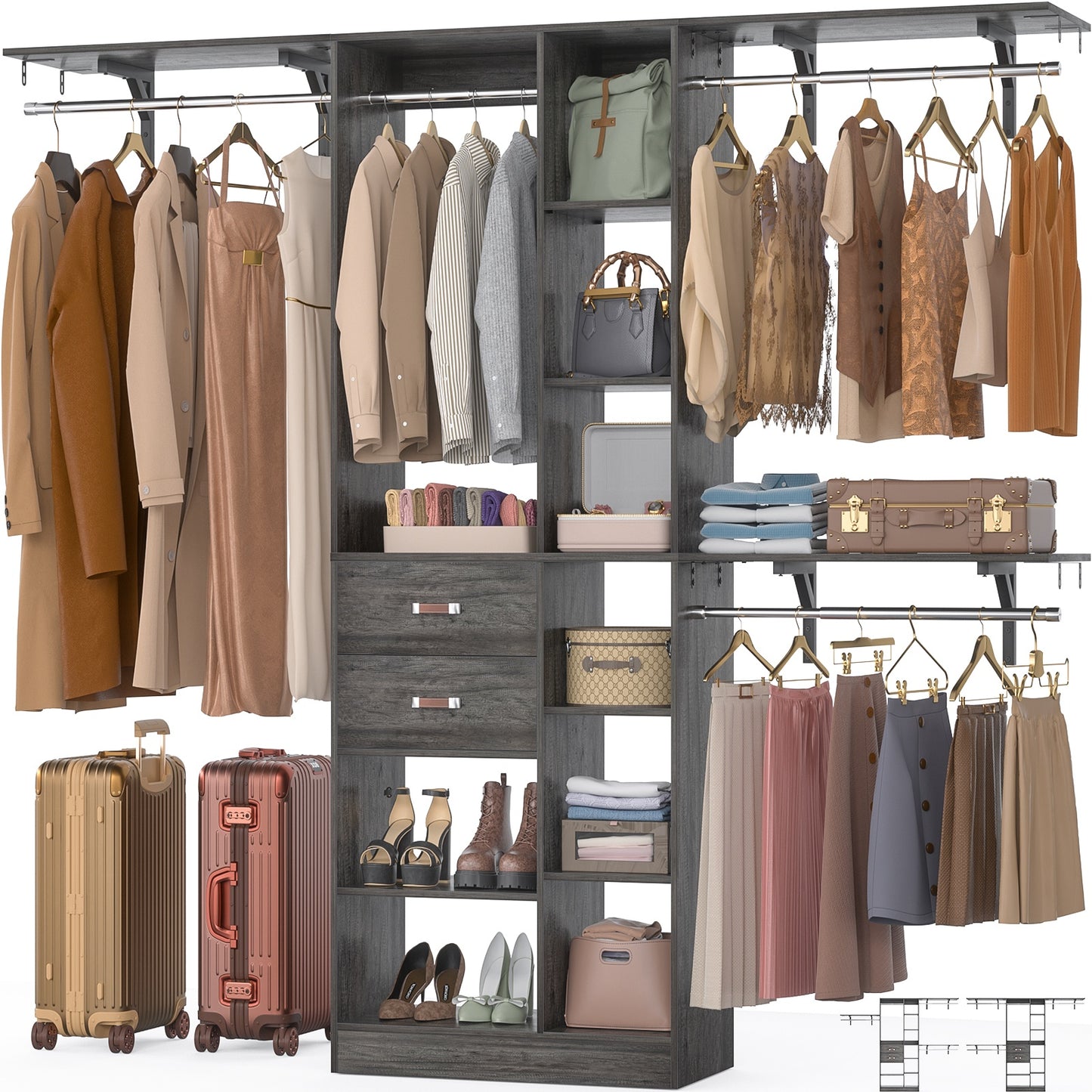 8FT Heavy Duty Wood Closet System, 1500 LBS+ Capacity Wall Mounted Walk-in Closet Organizer