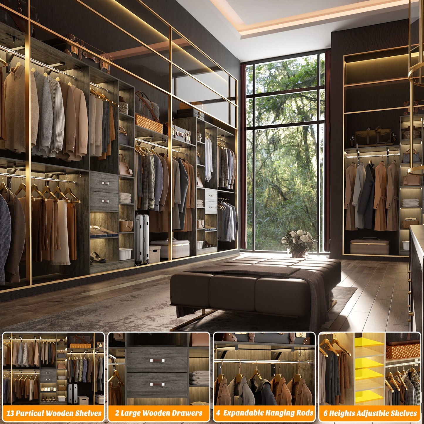 8FT Heavy Duty Wood Closet System, 1500 LBS+ Capacity Wall Mounted Walk-in Closet Organizer