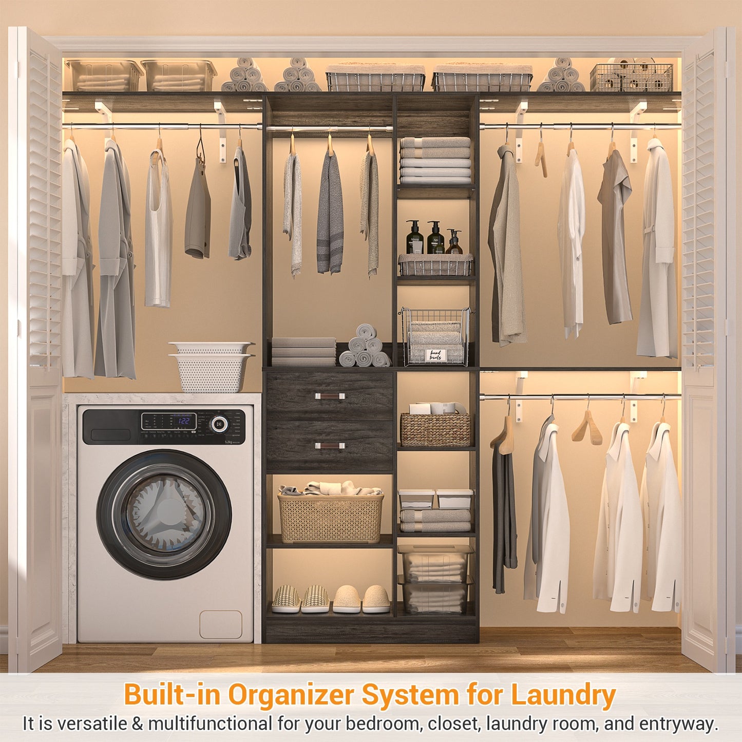 8FT Heavy Duty Wood Closet System, 1500 LBS+ Capacity Wall Mounted Walk-in Closet Organizer