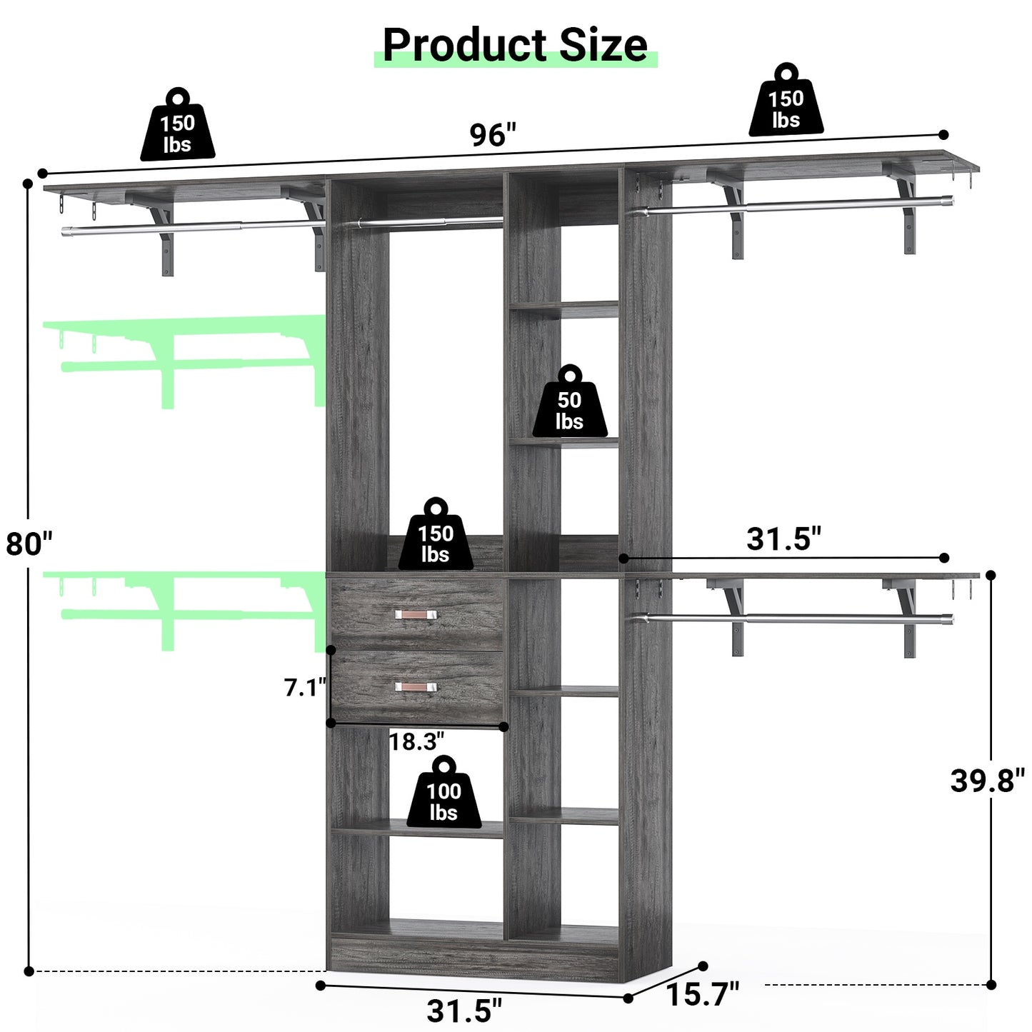 8FT Heavy Duty Wood Closet System, 1500 LBS+ Capacity Wall Mounted Walk-in Closet Organizer
