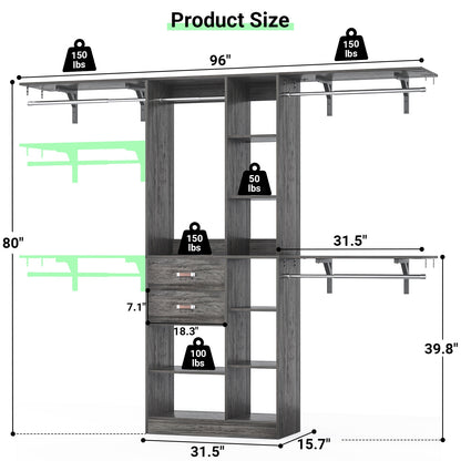 8FT Heavy Duty Wood Closet System, 1500 LBS+ Capacity Wall Mounted Walk-in Closet Organizer