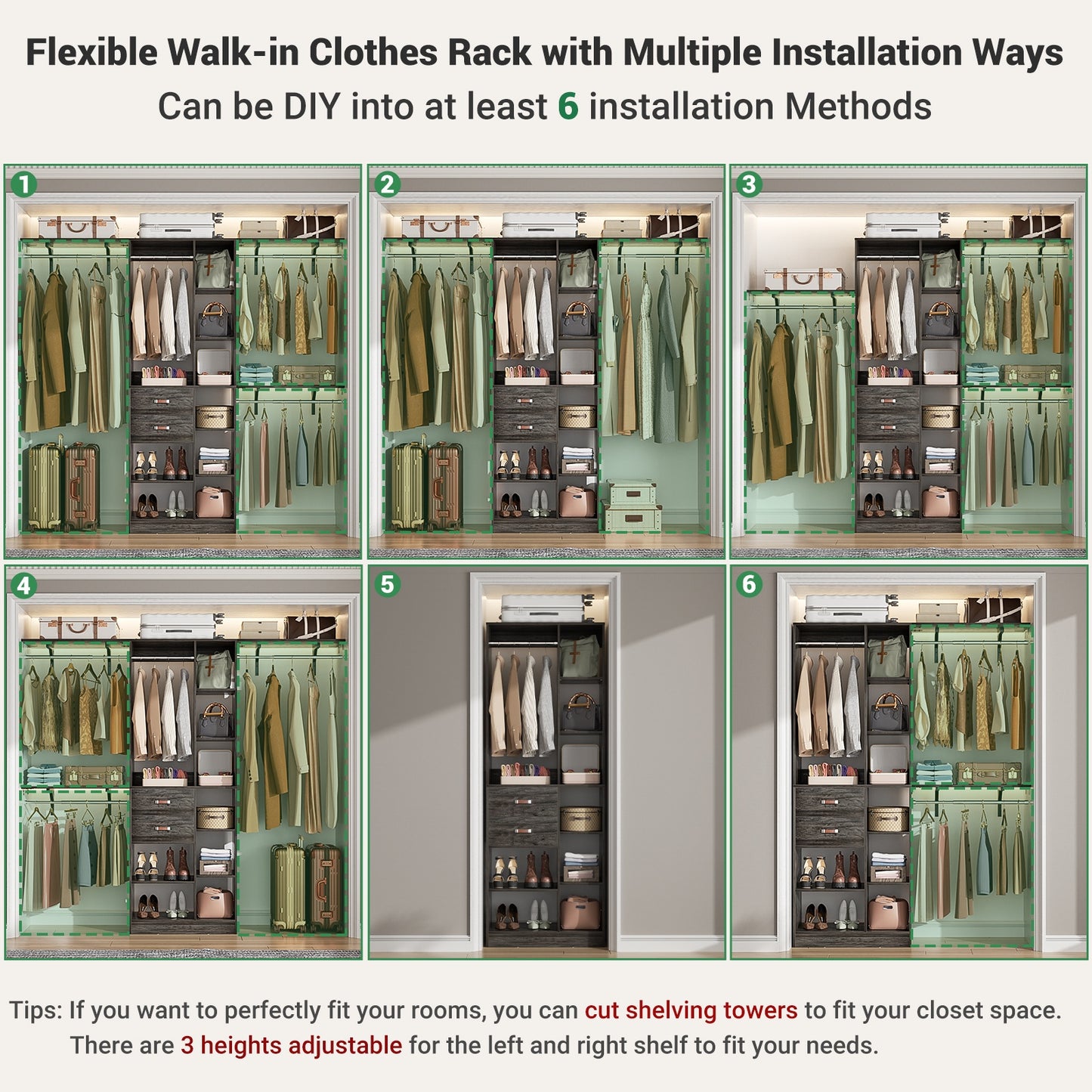 8FT Heavy Duty Wood Closet System, 1500 LBS+ Capacity Wall Mounted Walk-in Closet Organizer