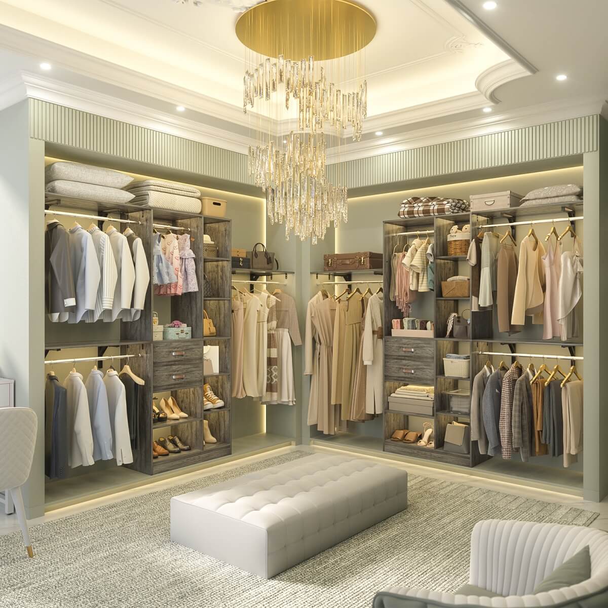 96 Inch Wooden Closet Organizer System with Drawers, Hanging Rods, and Partition Storage Spaces