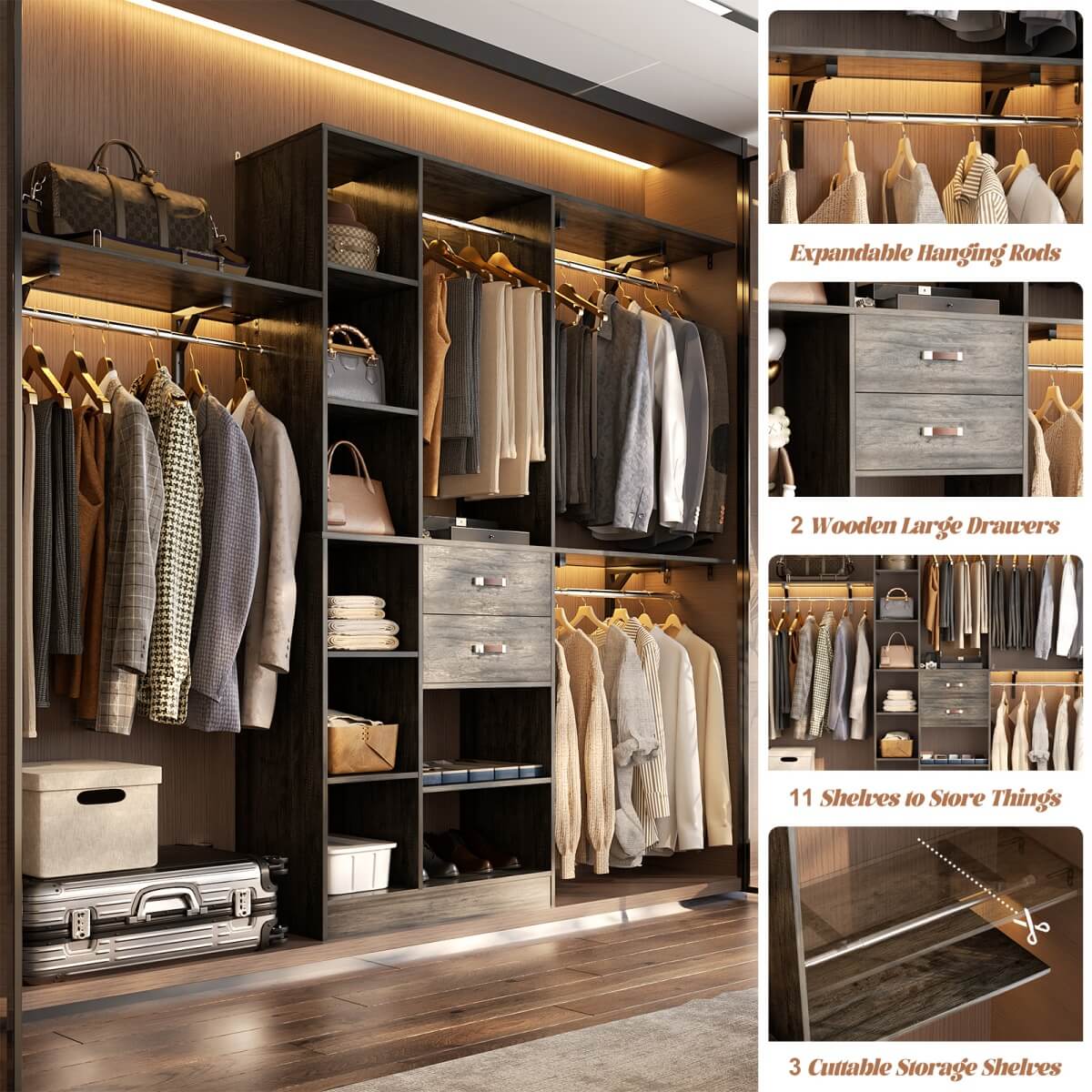 96 Inch Wooden Closet Organizer System with Drawers, Hanging Rods, and Partition Storage Spaces