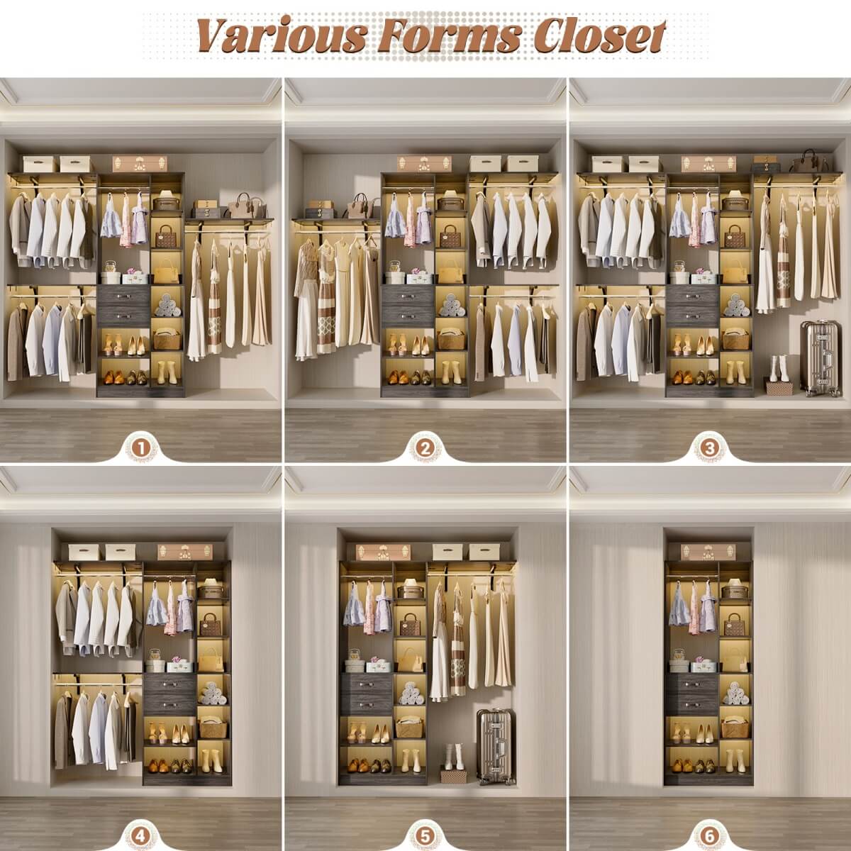 96 Inch Wooden Closet Organizer System with Drawers, Hanging Rods, and Partition Storage Spaces