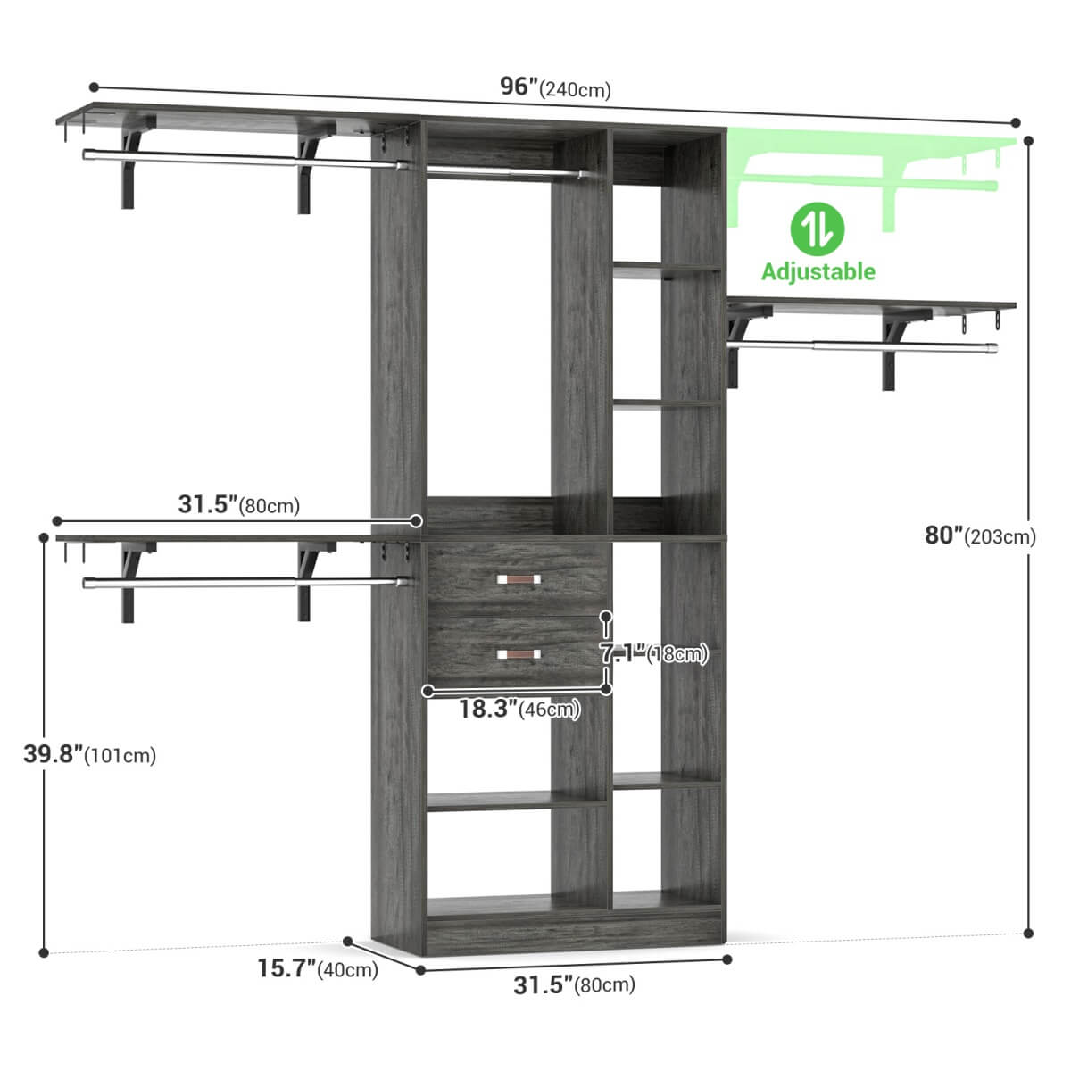 96 Inch Wooden Closet Organizer System with Drawers, Hanging Rods, and Partition Storage Spaces