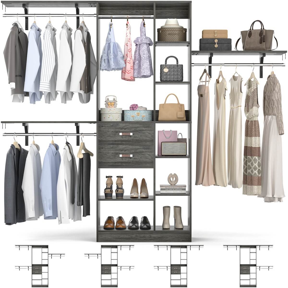 96 Inch Wooden Closet Organizer System with Drawers, Hanging Rods, and Partition Storage Spaces