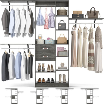 96 Inch Wooden Closet Organizer System with Drawers, Hanging Rods, and Partition Storage Spaces