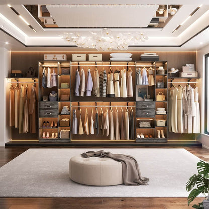 96 Inch Wooden Closet Organizer System with Drawers, Hanging Rods, and Partition Storage Spaces