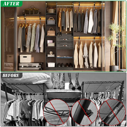 96 Inch Wooden Closet Organizer System with Drawers, Hanging Rods, and Partition Storage Spaces