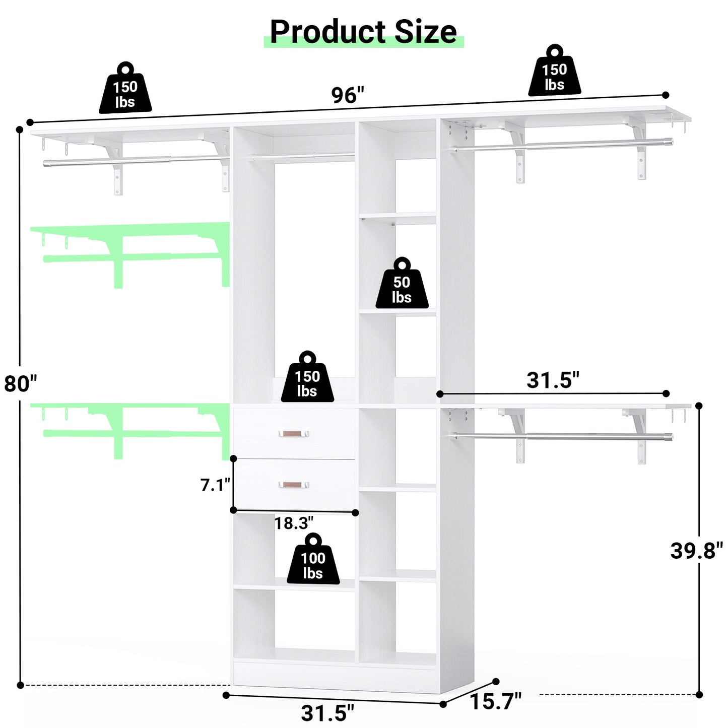 8FT Heavy Duty Wood Closet System, 1500 LBS+ Capacity Wall Mounted Walk-in Closet Organizer