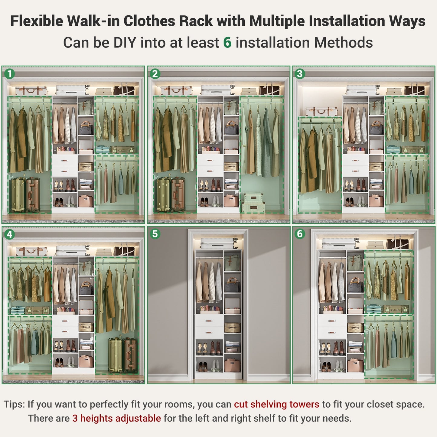 8FT Heavy Duty Wood Closet System, 1500 LBS+ Capacity Wall Mounted Walk-in Closet Organizer