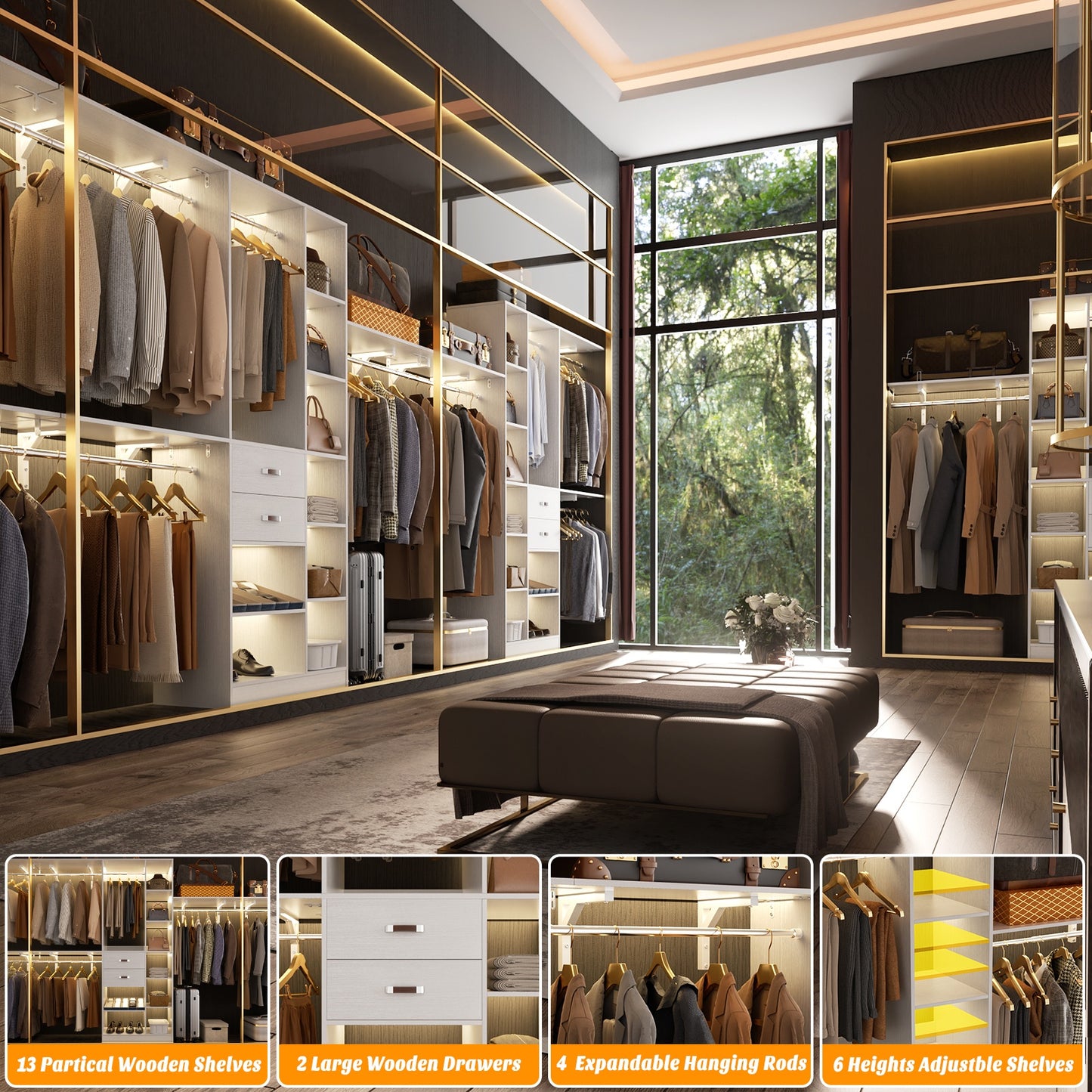 8FT Heavy Duty Wood Closet System, 1500 LBS+ Capacity Wall Mounted Walk-in Closet Organizer
