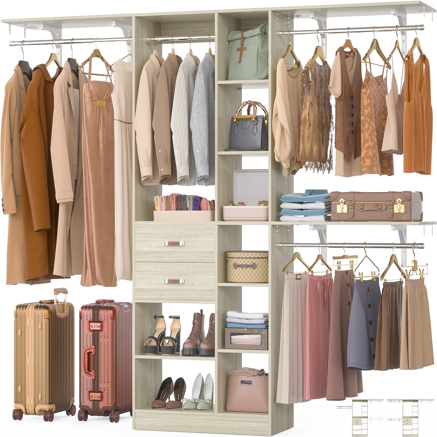 8FT Heavy Duty Wood Closet System, 1500 LBS+ Capacity Wall Mounted Walk-in Closet Organizer