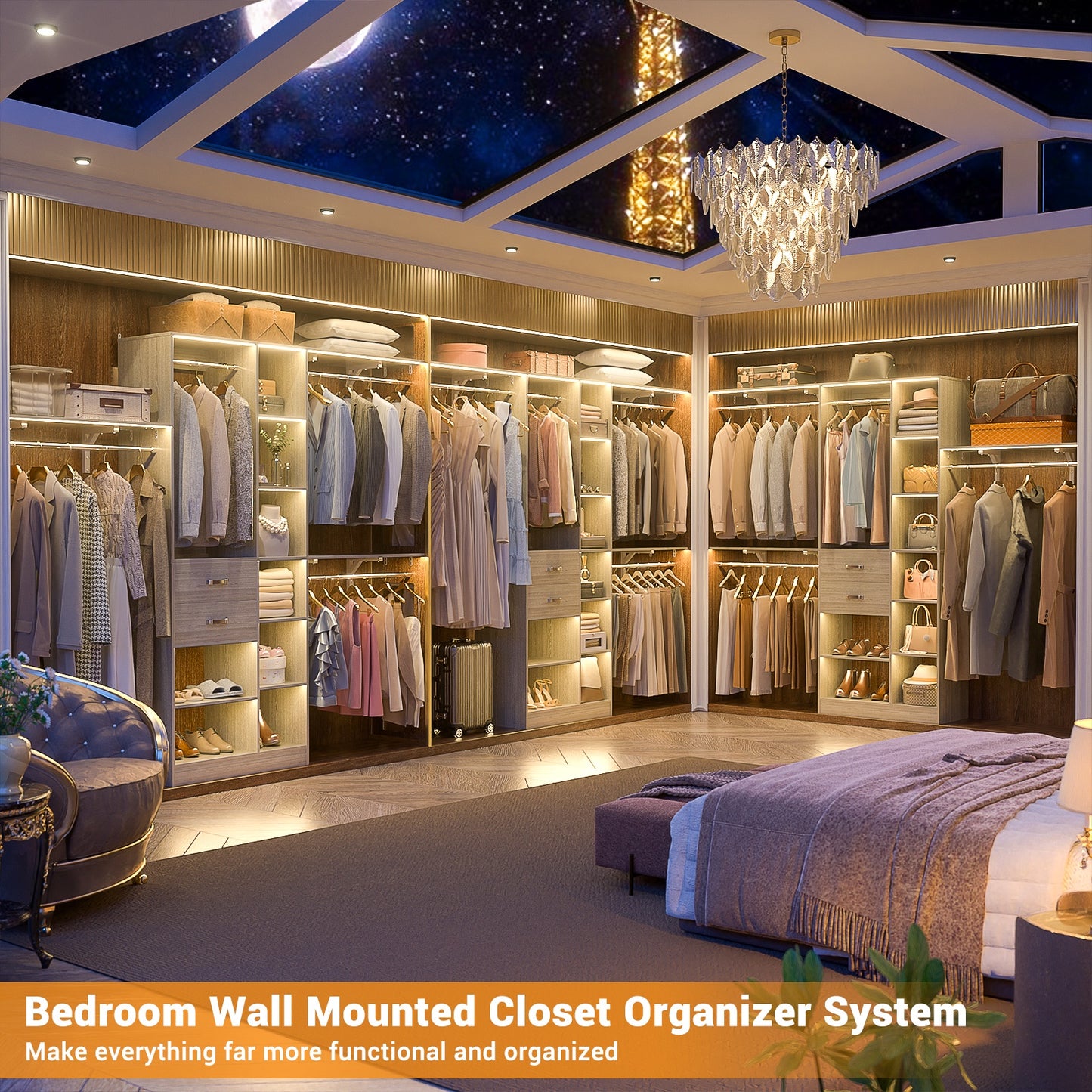 8FT Heavy Duty Wood Closet System, 1500 LBS+ Capacity Wall Mounted Walk-in Closet Organizer