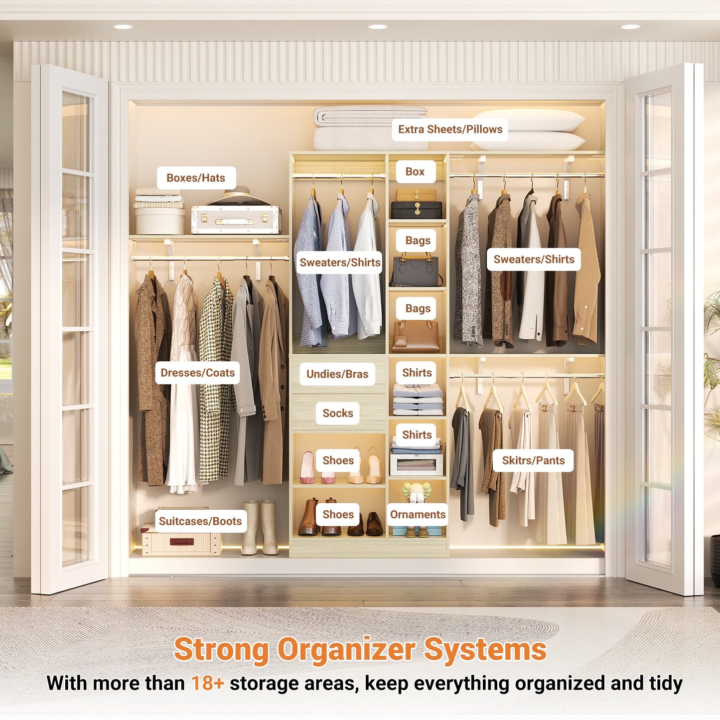8FT Heavy Duty Wood Closet System, 1500 LBS+ Capacity Wall Mounted Walk-in Closet Organizer
