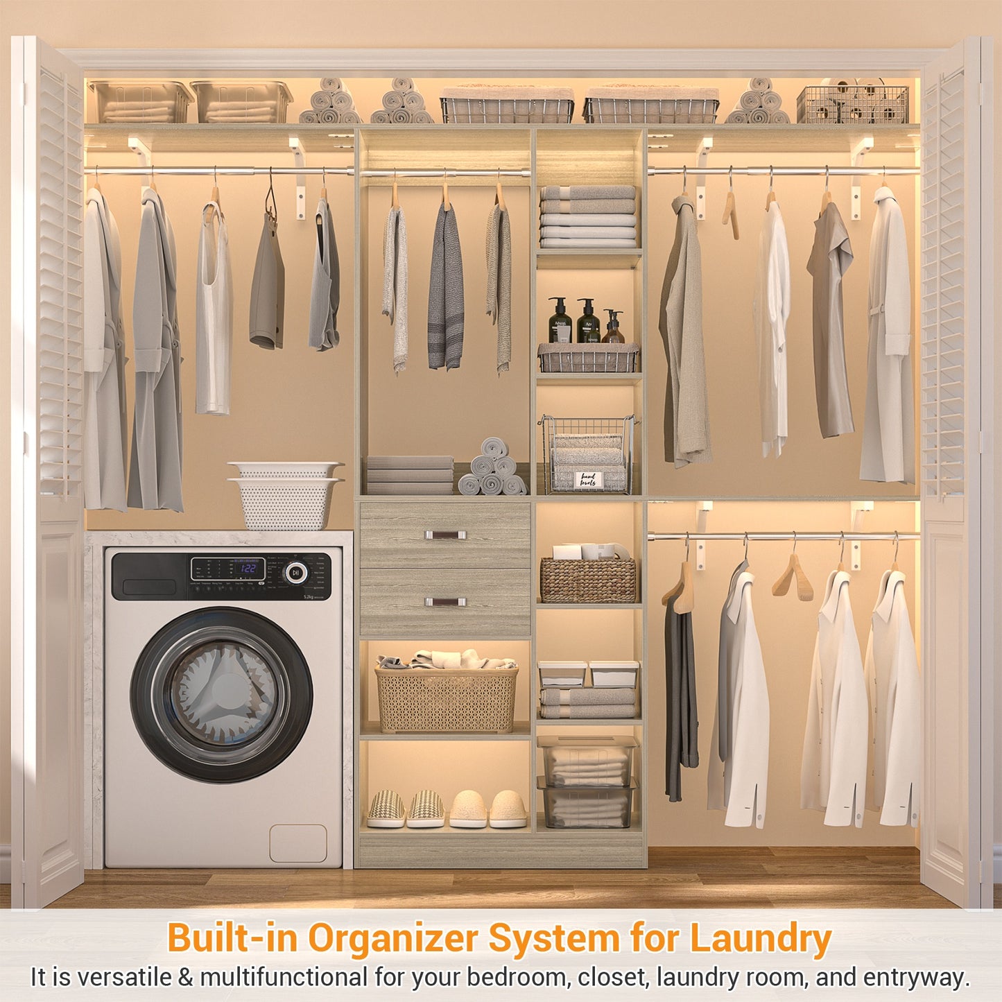8FT Heavy Duty Wood Closet System, 1500 LBS+ Capacity Wall Mounted Walk-in Closet Organizer