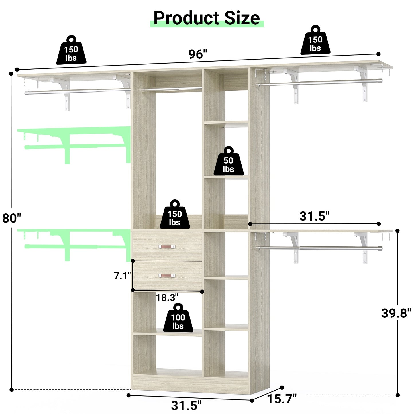 8FT Heavy Duty Wood Closet System, 1500 LBS+ Capacity Wall Mounted Walk-in Closet Organizer