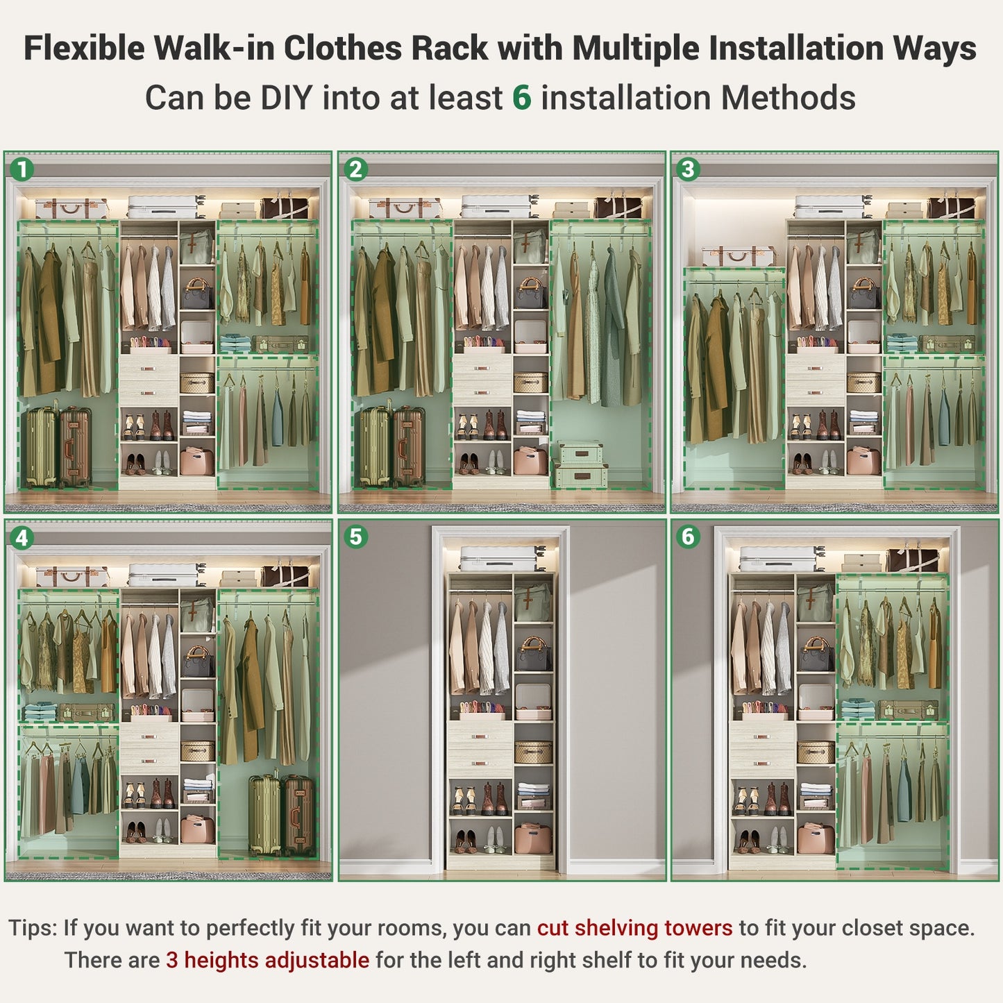 8FT Heavy Duty Wood Closet System, 1500 LBS+ Capacity Wall Mounted Walk-in Closet Organizer
