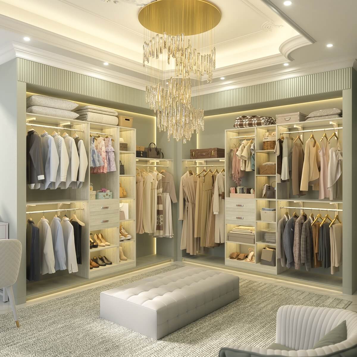 96 Inch Wooden Closet Organizer System with Drawers, Hanging Rods, and Partition Storage Spaces
