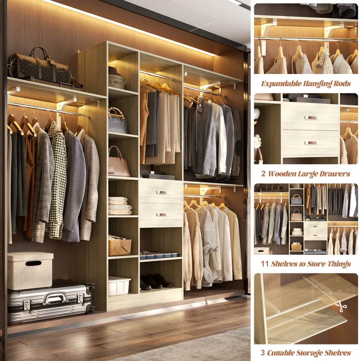 96 Inch Wooden Closet Organizer System with Drawers, Hanging Rods, and Partition Storage Spaces