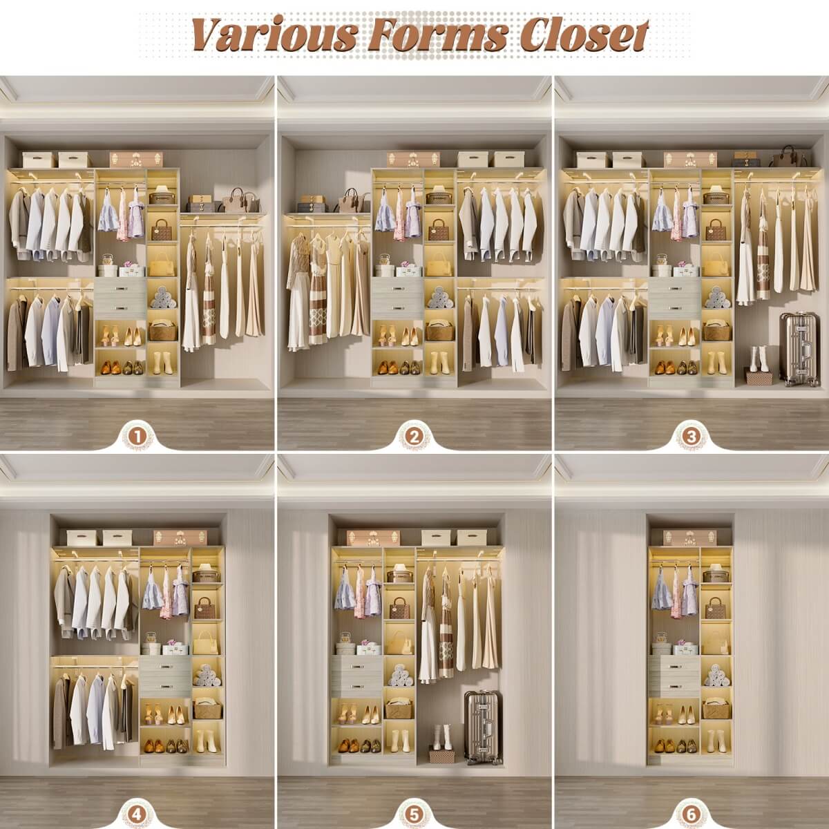 96 Inch Wooden Closet Organizer System with Drawers, Hanging Rods, and Partition Storage Spaces