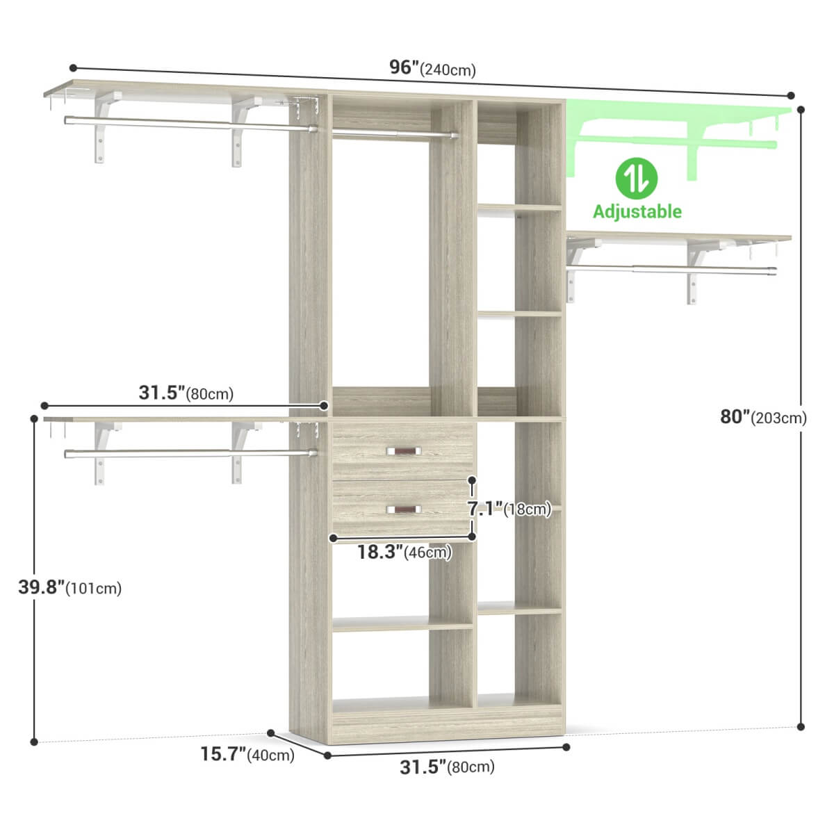 96 Inch Wooden Closet Organizer System with Drawers, Hanging Rods, and Partition Storage Spaces