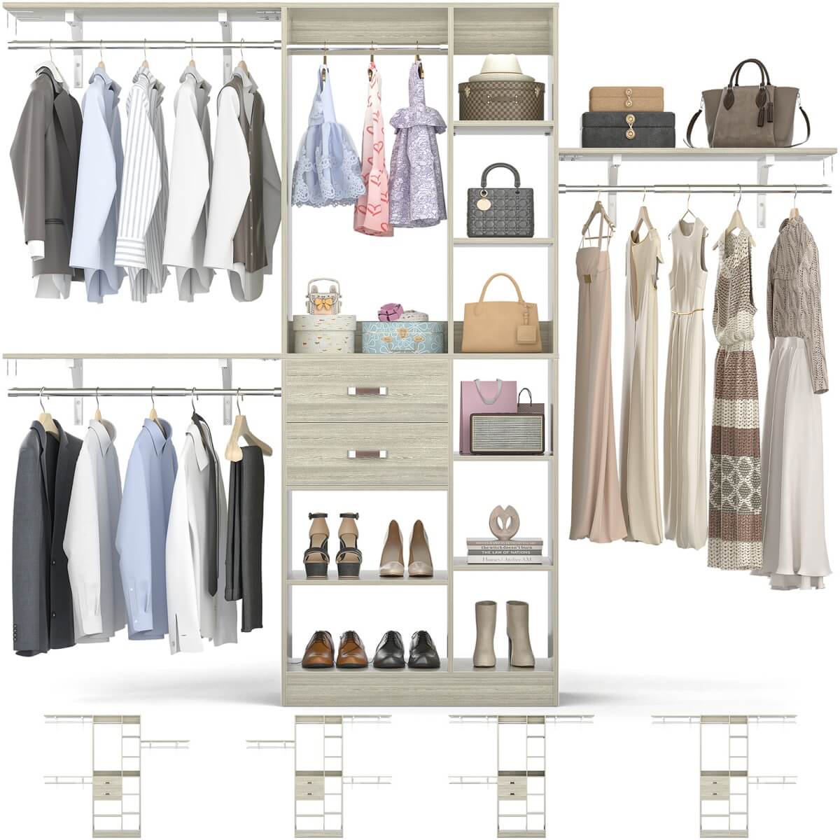 96 Inch Wooden Closet Organizer System with Drawers, Hanging Rods, and Partition Storage Spaces
