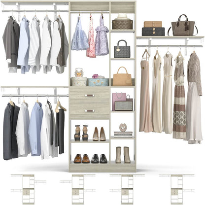 96 Inch Wooden Closet Organizer System with Drawers, Hanging Rods, and Partition Storage Spaces