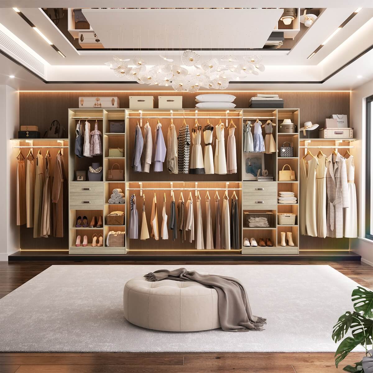 96 Inch Wooden Closet Organizer System with Drawers, Hanging Rods, and Partition Storage Spaces