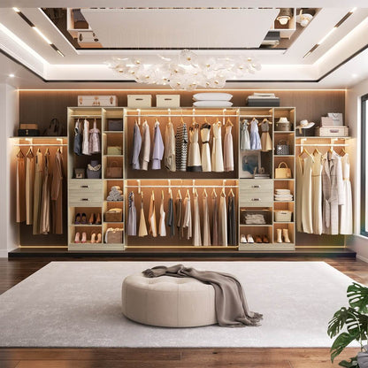 96 Inch Wooden Closet Organizer System with Drawers, Hanging Rods, and Partition Storage Spaces