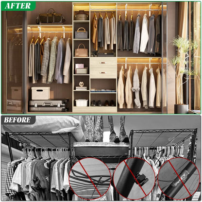 96 Inch Wooden Closet Organizer System with Drawers, Hanging Rods, and Partition Storage Spaces