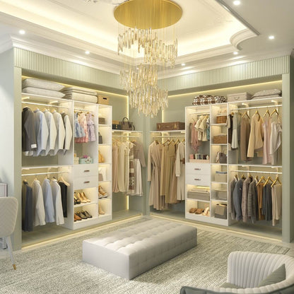 96 Inch Wooden Closet Organizer System with Drawers, Hanging Rods, and Partition Storage Spaces
