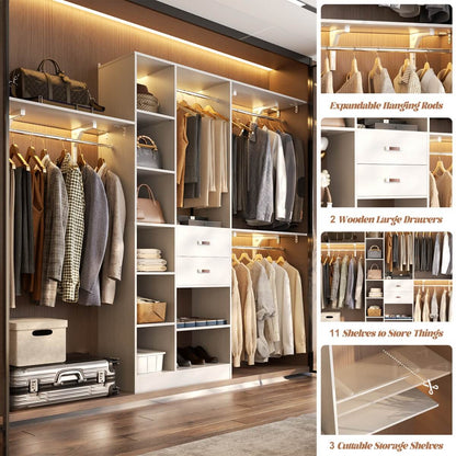 96 Inch Wooden Closet Organizer System with Drawers, Hanging Rods, and Partition Storage Spaces