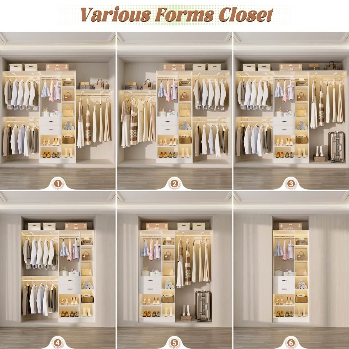 96 Inch Wooden Closet Organizer System with Drawers, Hanging Rods, and Partition Storage Spaces