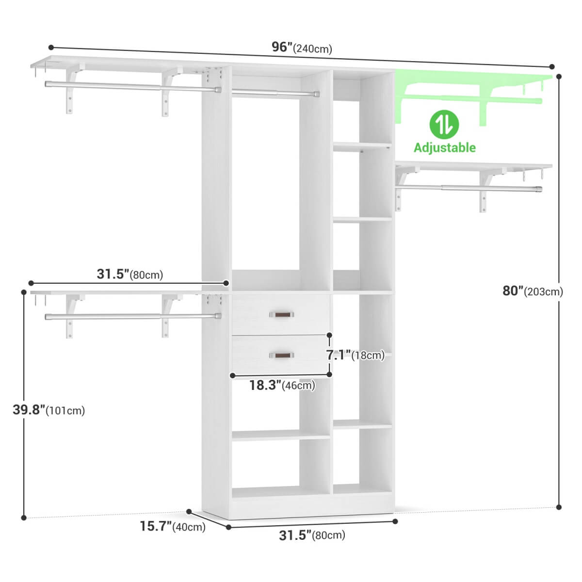 96 Inch Wooden Closet Organizer System with Drawers, Hanging Rods, and Partition Storage Spaces