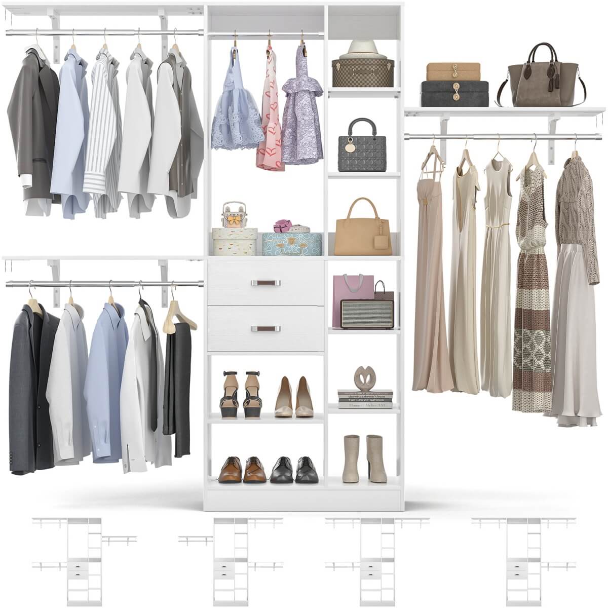 96 Inch Wooden Closet Organizer System with Drawers, Hanging Rods, and Partition Storage Spaces