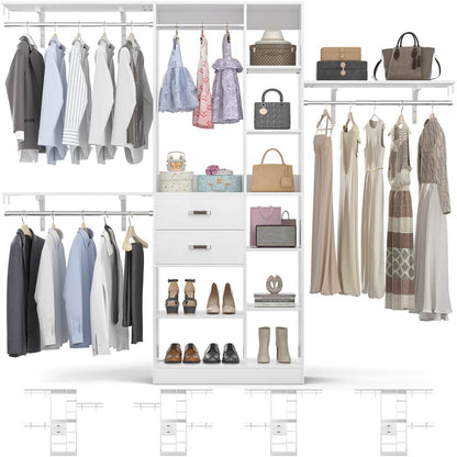 96 Inch Wooden Closet Organizer System with Drawers, Hanging Rods, and Partition Storage Spaces