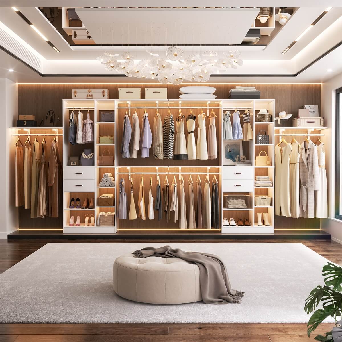96 Inch Wooden Closet Organizer System with Drawers, Hanging Rods, and Partition Storage Spaces